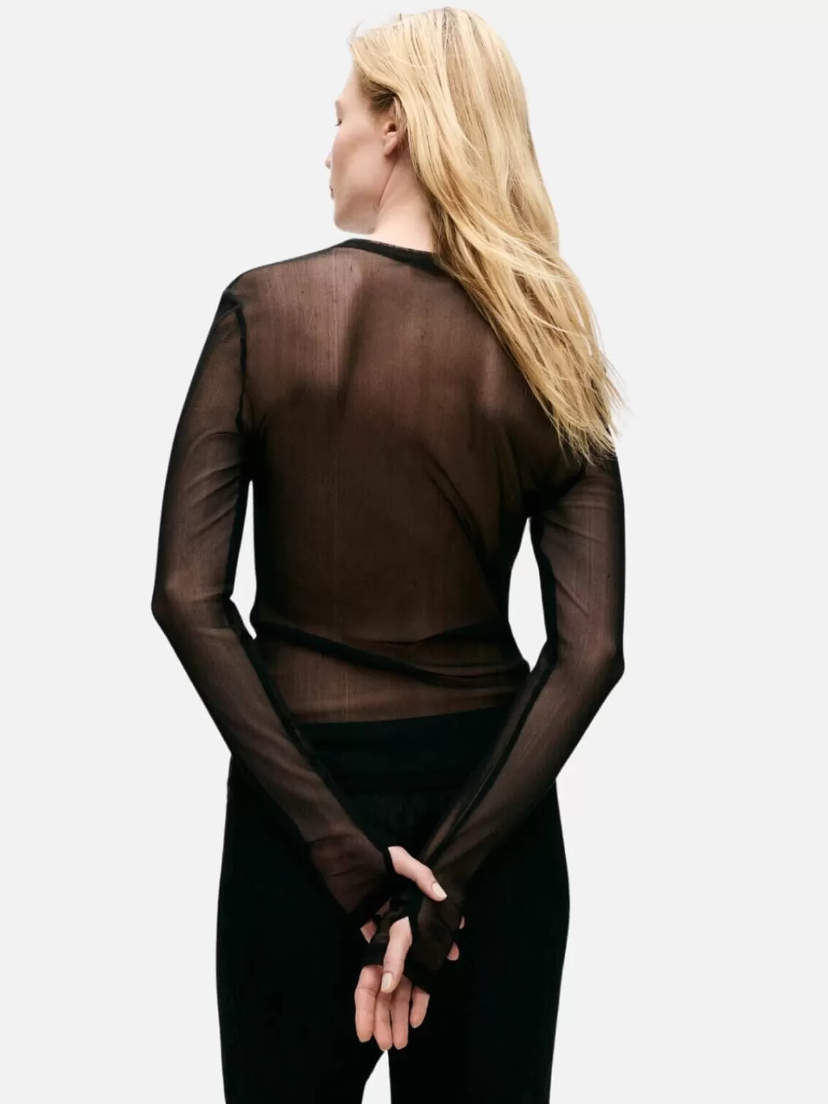 Silk Laundry Tops | Mesh Long Sleeve Top - Black