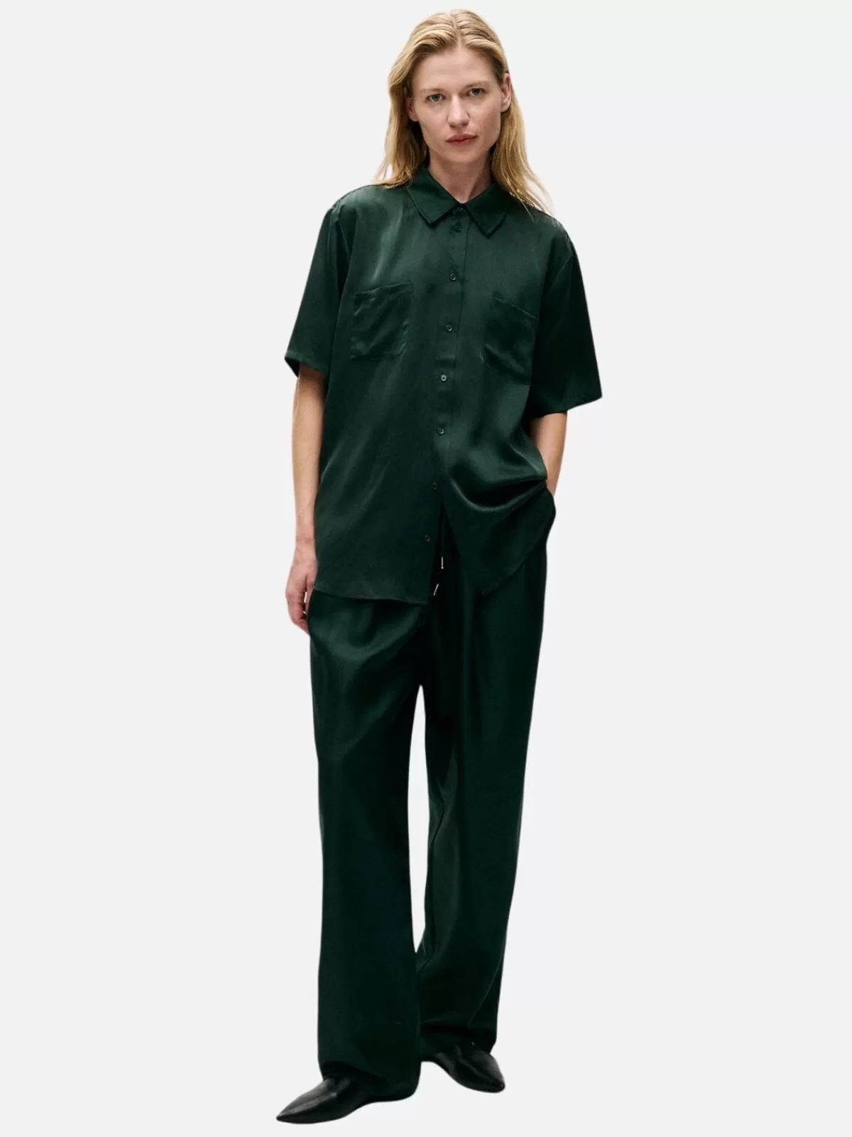 Silk Laundry Sets | Short Sleeve Boyfriend Shirt - Scarab