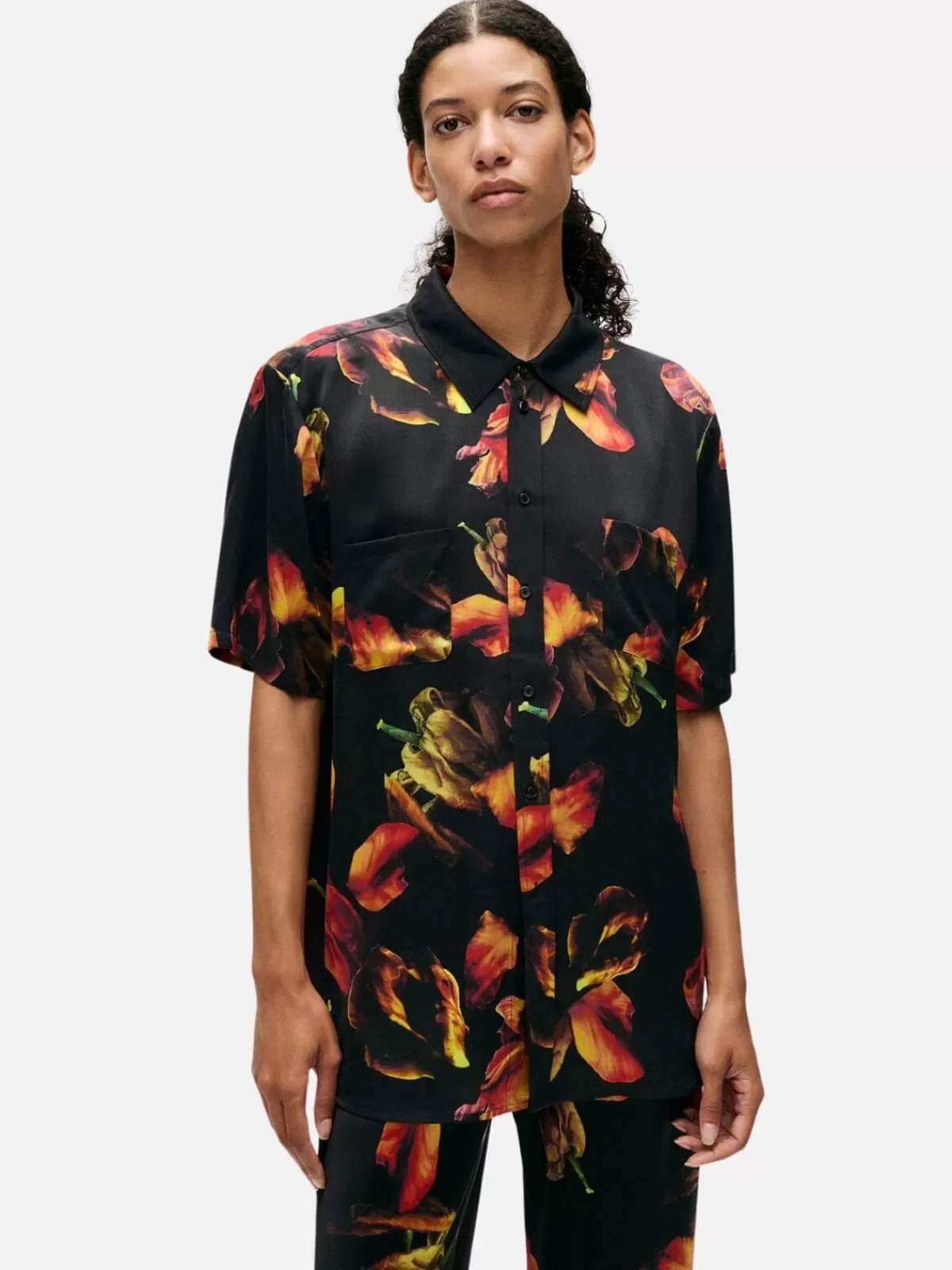 Silk Laundry Sets | Short Sleeve Boyfriend Shirt - Tulipa Black