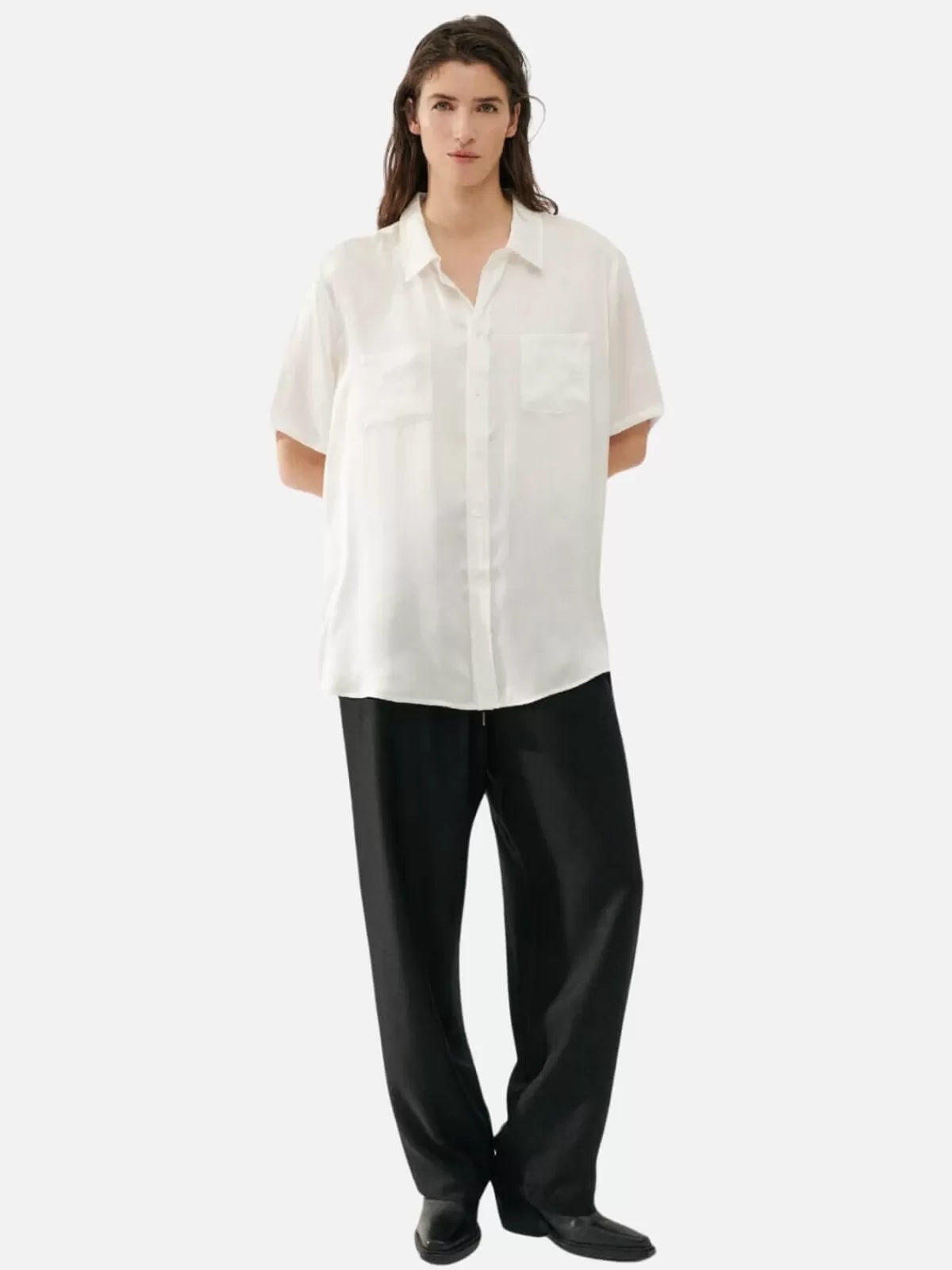 Silk Laundry Tops | Short Sleeve Boyfriend Shirt - White